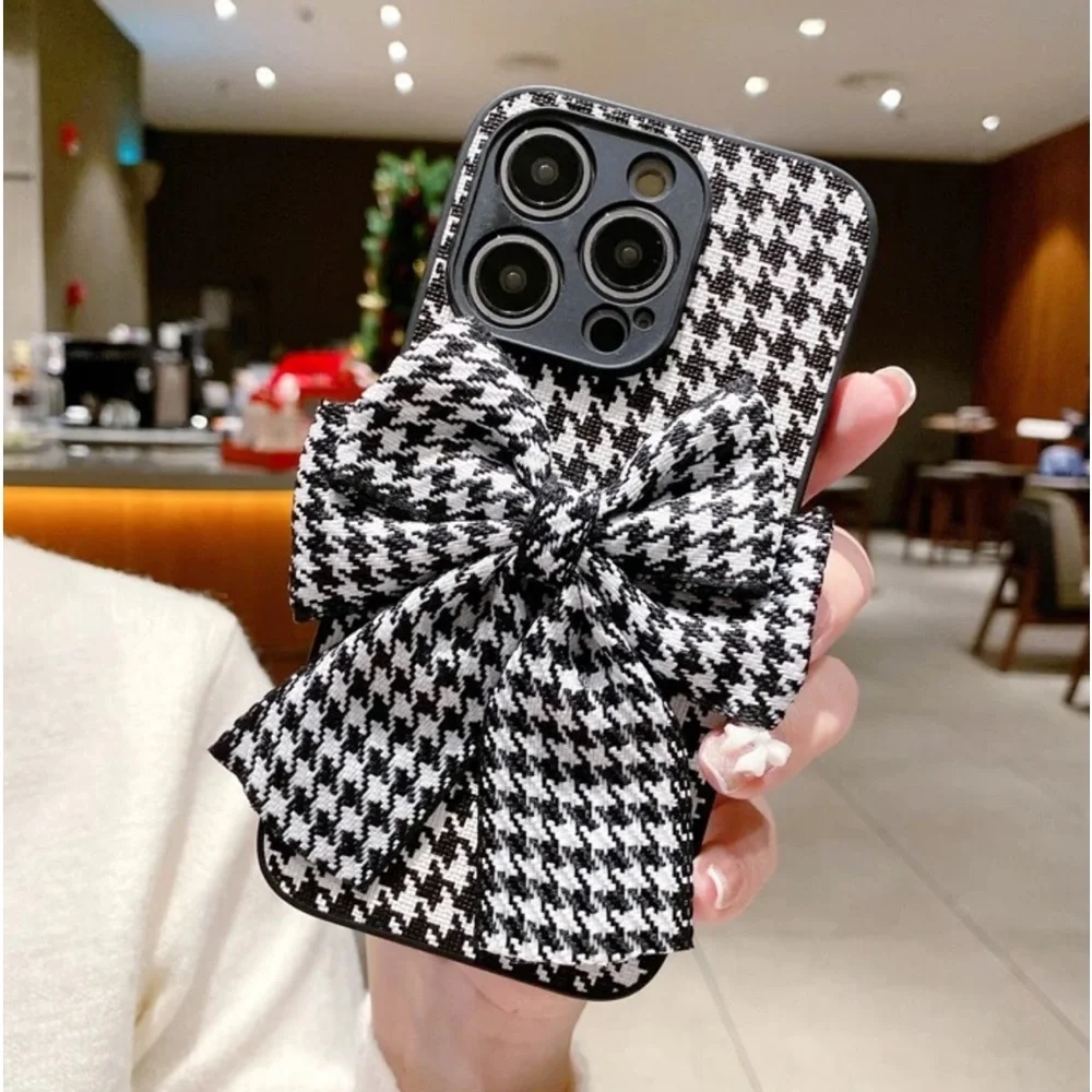 2 iPhone 15 Pro Max phone case pink fabric bow houndstooth plaid black white NEW